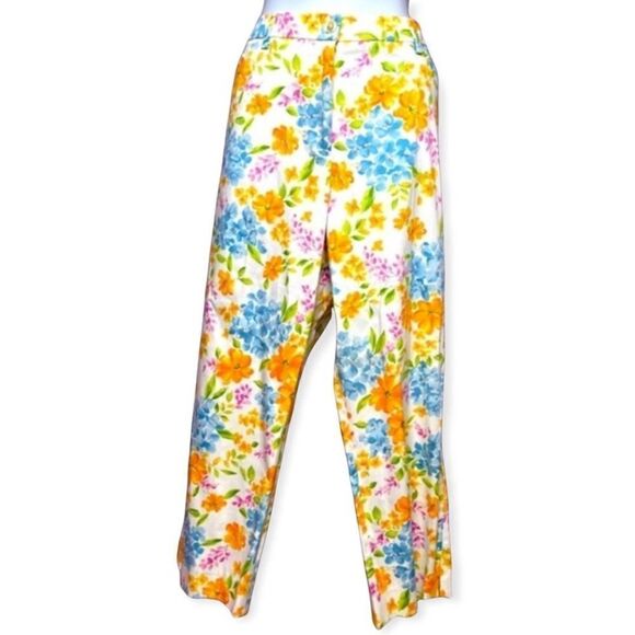 Jones New York Floral Yellow Blue Spring Stretch Straight Legg Capris Size 16 - Picture 1 of 15